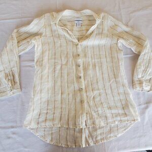 Halston Womens White Striped Linen Long Sleeve Button-Up Shirt Size Medium